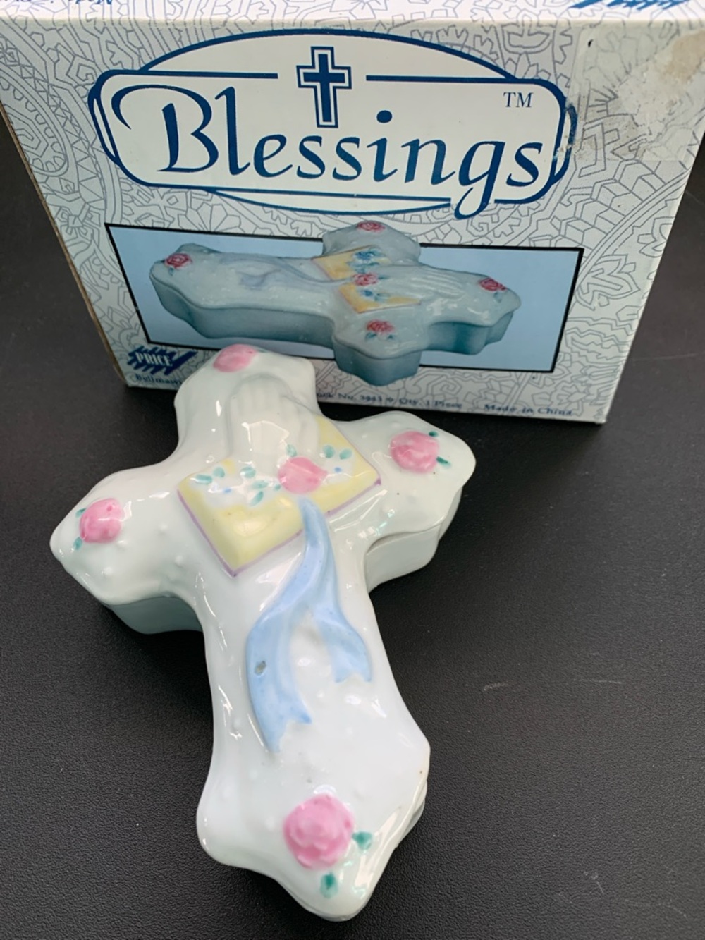 Blessings Ceramic Cross Trinket Box with Pastel Accents